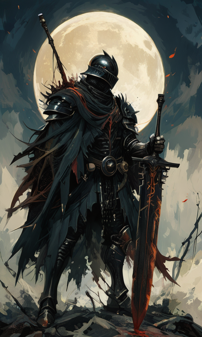 Digital painting of a dark armored knight with a large sword standing in front of a red glowing full moon. The knight has a menacing skeletal appearance with a black tattered cloak. The background is dark and chaotic with twisted thorny branches. The composition uses the rule of third with the knight positioned off-center. The color palette is dark with red accents. The aesthetic quality is very high. <lora:- NAI - PdJ_highres_counterweight_V.2.0-step00021000:0.7>   <lora:- NAI - ac_illustration_V1.0-step00011000:.6>