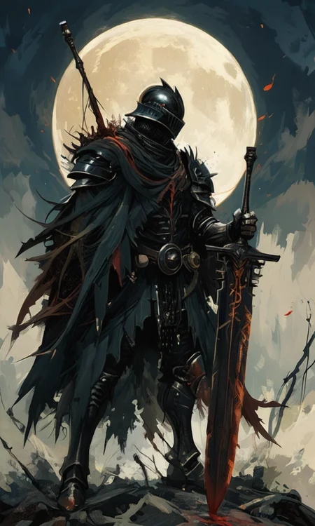 Digital painting of a dark armored knight with a large sword standing in front of a red glowing full moon. The knight has a menacing skeletal appearance with a black tattered cloak. The background is dark and chaotic with twisted thorny branches. The composition uses the rule of third with the knight positioned off-center. The color palette is dark with red accents. The aesthetic quality is very high. <lora:- NAI - PdJ_highres_counterweight_V.2.0-step00021000:0.7> <lora:- NAI - ac_illustration_V1.0-step00011000:.6>