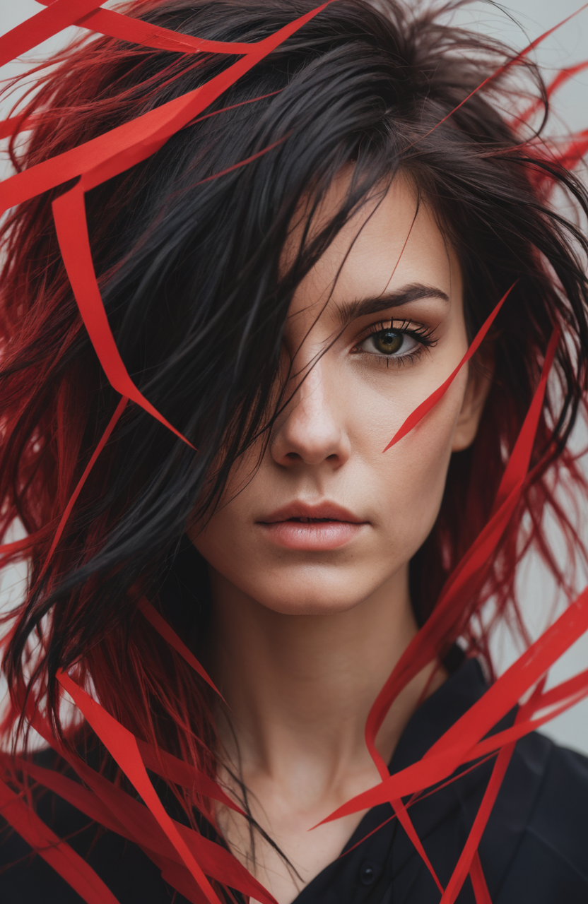 abstract female portrait,undefined hair,red and black color palette,blurred boundaries,upper body,fragmented visual style,evokes feelings of rebellion and passion