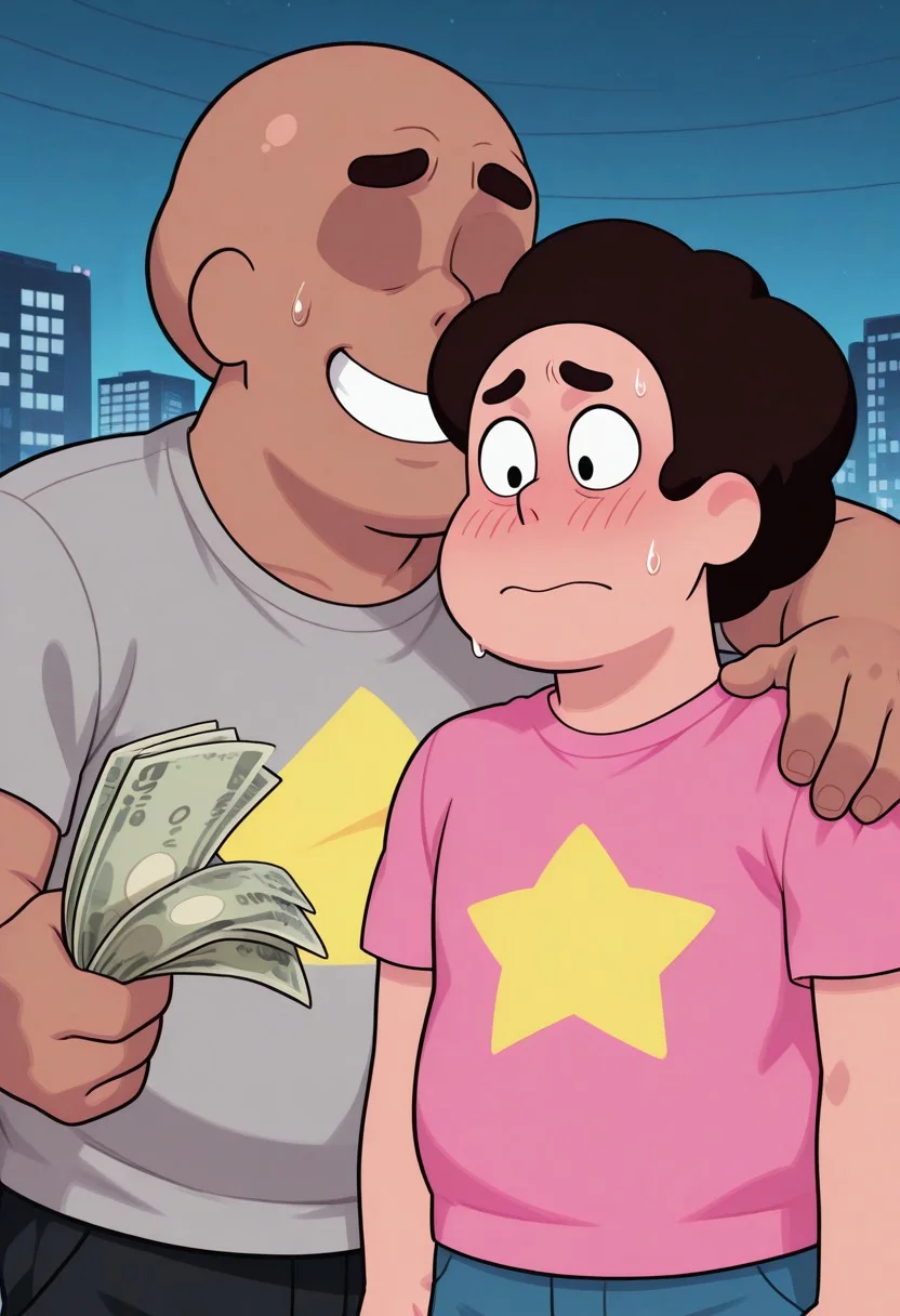 score_9, score_8_up, score_7_up, Absurdres, Intricate Details, Masterpiece, Best Quality, source_cartoon, anime screencap, high quality cg, ((2boys)). Steven universe, slightly chubby, pink t-shirt, nervous face, sweat drop, looking down at money. Faceless male with dark skin, tall, grey t-shirt, bald, no eyes, smile, holding dollar bills, offering money, arm around the shoulder. shoulder-to-shoulder, City background.