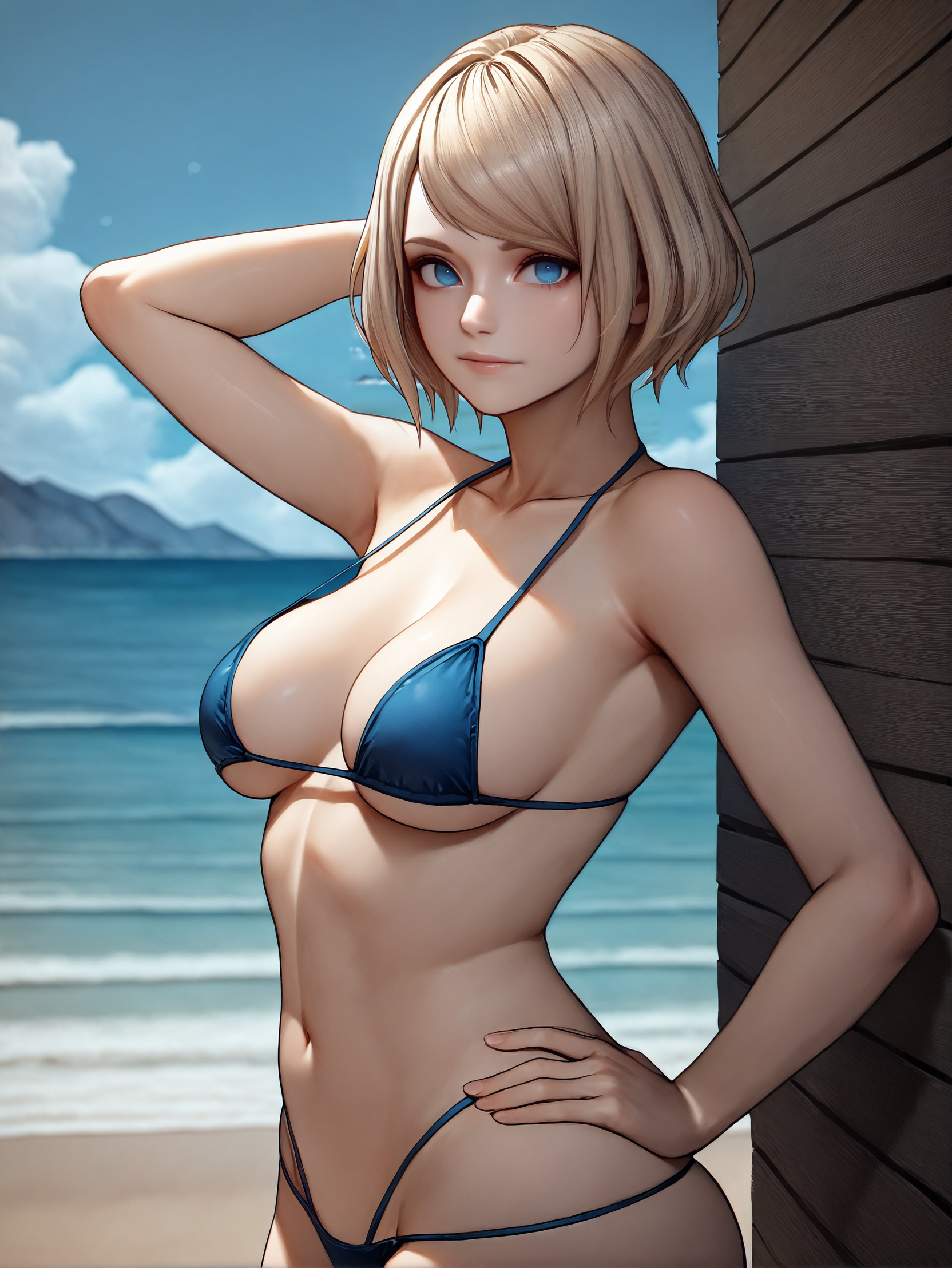 masterpiece, best quality, absurdres,
<lora:RE4Ashley:1.0>
RE4Ashley, 1girl, blonde hair, short hair, blue eyes, looking at viewer, collarbone, bare arms, micro bikini, bare shoulders, beach, arm behind head, hand on own hip, standing, cowboy shot