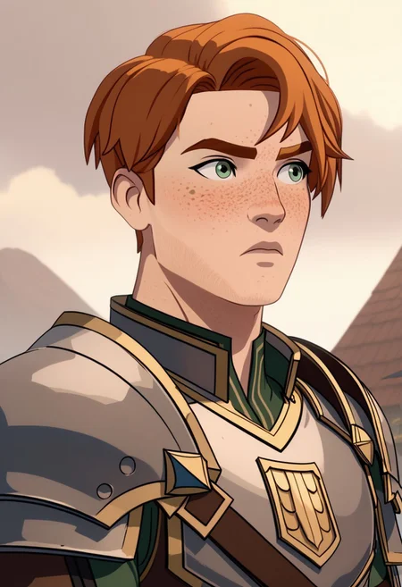 Score_9, Score_8, Score_7, TDPStyle, Gren, Armour, Ginger Hair, Freckles, looking to the side, confused, bust shot