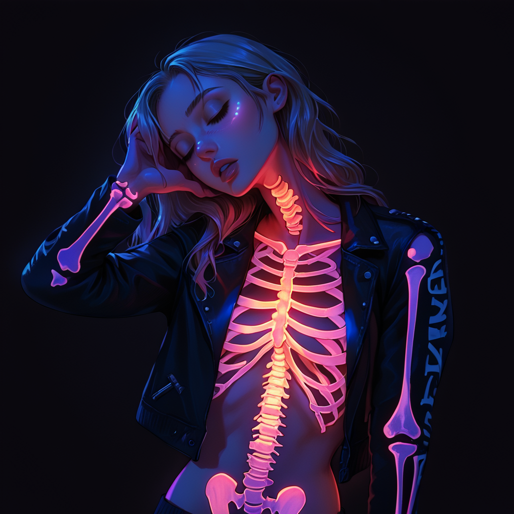 score_9,score_8_up,score_7_up,
transluminescent, 1girl,solo,long hair,breasts,simple background,jacket,closed eyes,parted lips,open clothes,open jacket,lips,head tilt,glowing,black background,ribs,skeleton,bone,spine,
, <lora:transluminescent_v2_pony:0.8>,
