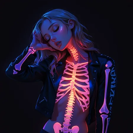 score_9,score_8_up,score_7_up,
transluminescent, 1girl,solo,long hair,breasts,simple background,jacket,closed eyes,parted lips,open clothes,open jacket,lips,head tilt,glowing,black background,ribs,skeleton,bone,spine,
, <lora:transluminescent_v2_pony:0.8>,