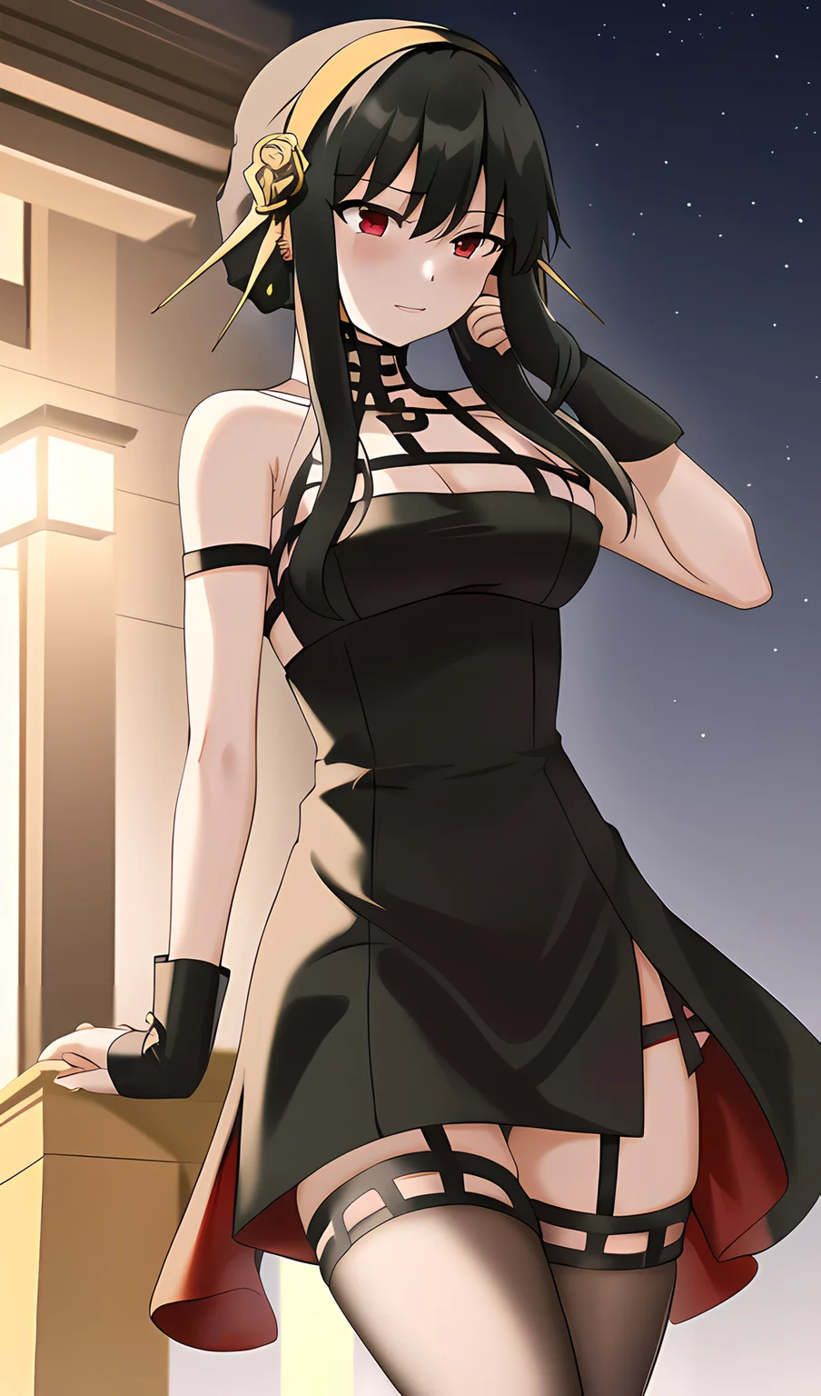 best quality, black hair, 1girl, yandere, outdoors, night, standing, corneo_thorn_princess_yor