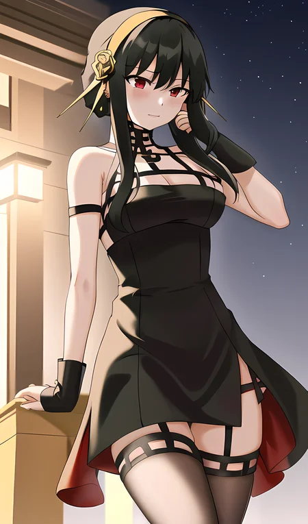 best quality, black hair, 1girl, yandere, outdoors, night, standing, corneo_thorn_princess_yor