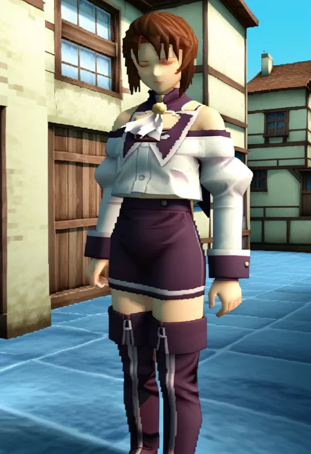 3d, mgs1_style, no eyes, 1girl, solo, female focus, Natsumi_SN1, brown hair, short hair, bangs, sidelocks, short hair with long locks, capelet, neck bell, ascot, off-shoulder shirt, bare shoulders, juliet sleeves, long sleeves, sleeve cuffs, circle skirt, fold-over boots, thigh boots, zettai ryouiki, outdoors, fantasy village background, slums, building,