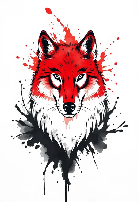 White background, a Wolf's head breaks through the background, the top half of the Wolf's head is a big splash of red ink, the bottom half of the Wolf's head is a big splash of black black ink, ink rendering