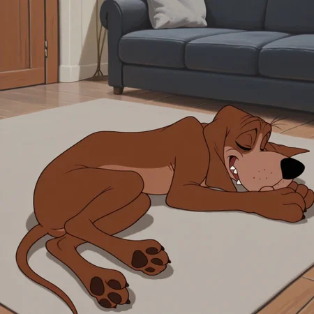 masterpiece, best quality, amazing quality, brun01, male, furry male, feral, solo, dog, hair strands, brown fur, two-tone fur, brown eyes, dark under eyes, tan muzzle. black nose, whiskers, sharp teeth, floppy ears, paw pads, tail, lying on floor, sleeping, closed eyes, indoors, living room