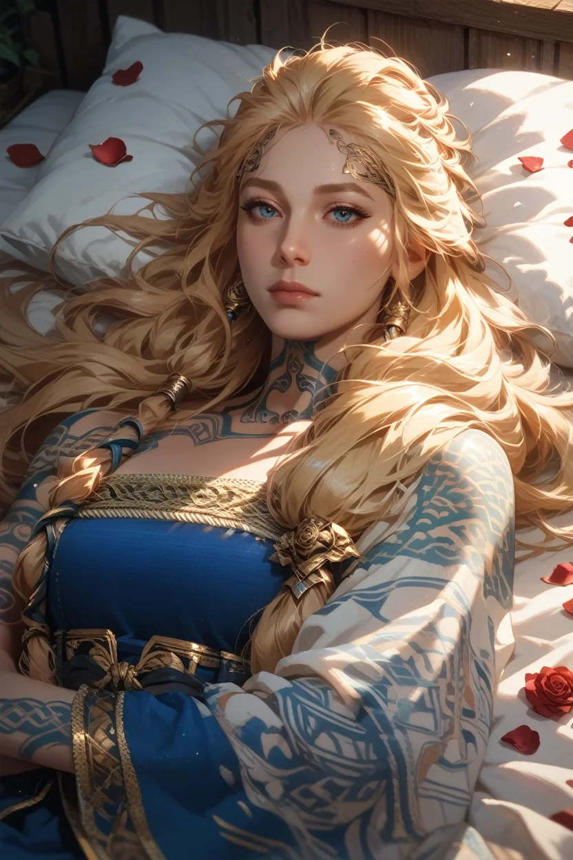 score_9, score_8_up, score_7_up,
<lora:GOWSif:0.8>
GOWSif, 1girl, blonde hair, blue eyes, long hair, tattoo, looking at viewer, sleeping in a bed, rose petals, closed eyes