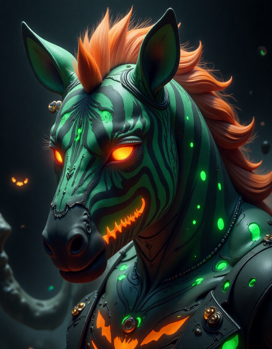 spooky halloween , a green and orange  zebra, in the style of hall0w33n