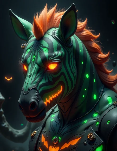 spooky halloween , a green and orange  zebra, in the style of hall0w33n