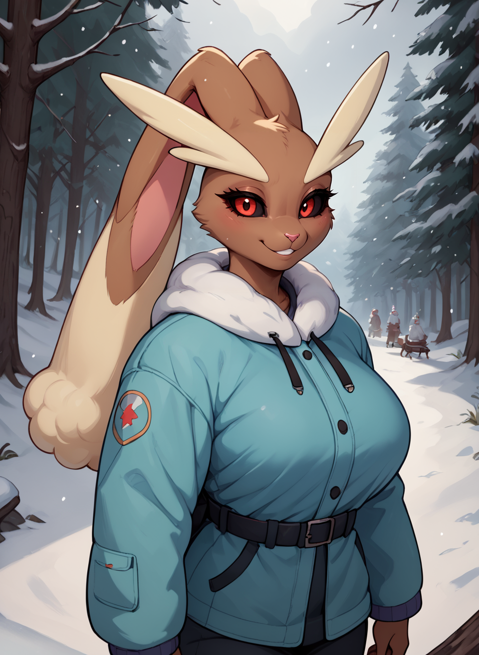 score_9, score_8_up, score_7_up, score_6_up, score_5_up, score_4_up, <lora:LopunnyPXL:1> LopunnyPXL, anthro, red eyes, black sclera, big breasts, makeup, mascara, cute smile, winter coat, hiking, snowy moutain, snowstorm, blizzard