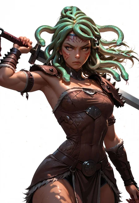 Smooth Quality, ultra realistic, realistic, photo, HDR, 1girl, barbarian armor, toned, broad shoulders,  small breasts, slit pupils, (snake hair:1.5), (warrior facepaint:1.5), floating hair, ponytail, holding long sword, huge weapon, weapon over shoulder, frown, serious, cowboy shot, dynamic angle, BREAK (white background:2)