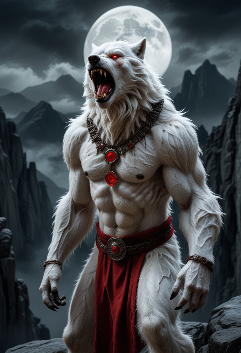 (medium full shot) of (fearsome werewolf), white fur, glowing red eyes, wearing torn tunic,  enchanted talisman,  set in  a moonlit mountain ridge with sheer cliffs, howling winds, a sense of dread, during a full moon, Masterpiece,best quality, photo, realistic, very aesthetic, detailed face,
