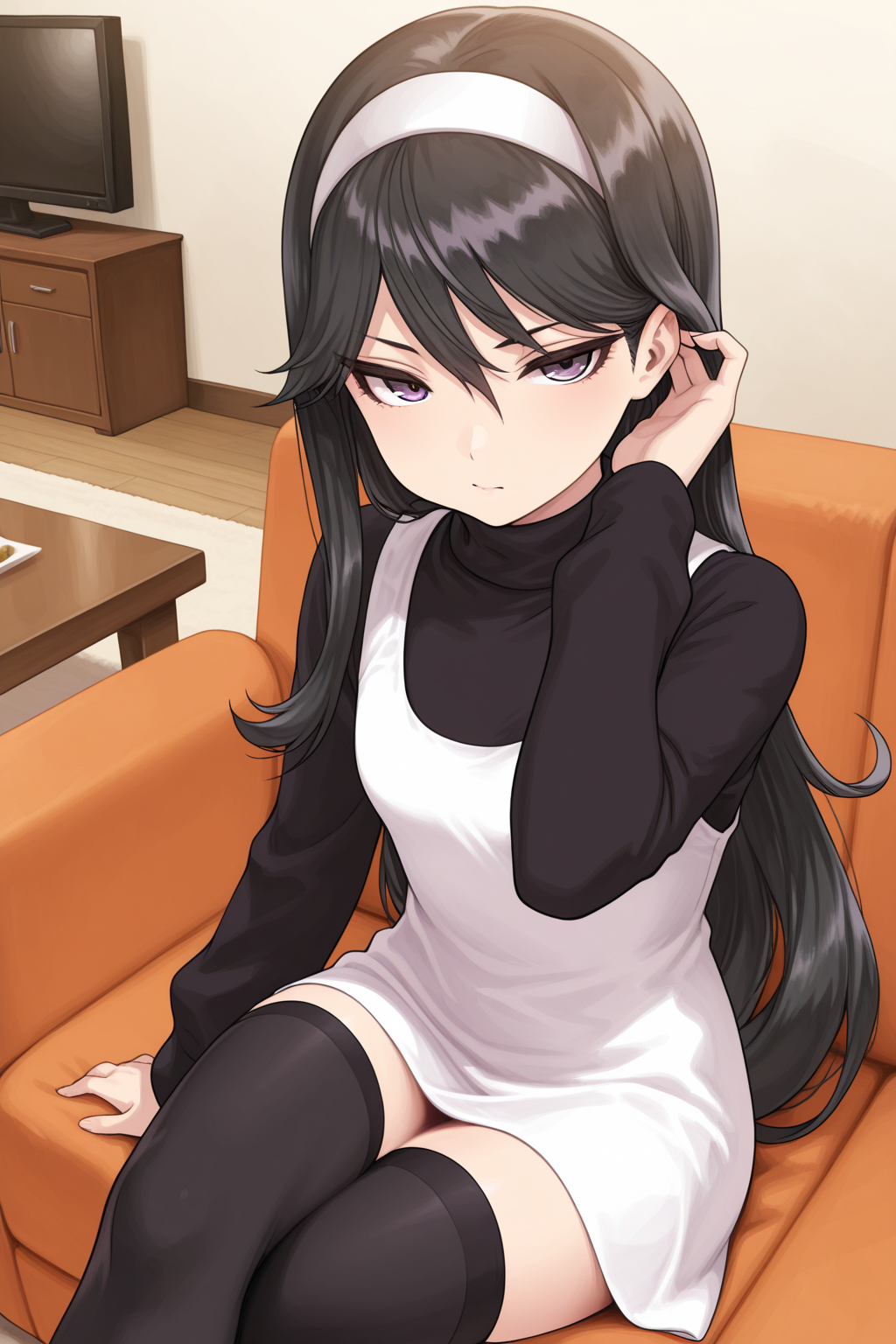 1girl, SakoErikaDevilSummoner, 
general, solo, pov dating, half body,
long hair, straight hair, purple eyes,
hairband,
white dress, turtleneck, long sleeves,
black thighhighs, zettai ryouiki,
dating, sitting, adjusting hair, crossed legs,
indoors, living room,
<lora:kp_SakoErikaDevilSummonerIllustrious_v1_0:1.0>,
masterpiece, best quality, amazing quality