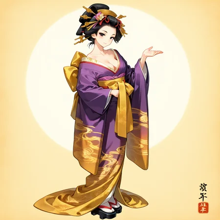 <lora:tamadayu-IL_v1:1>tamadayu-, nihongami, oiran, hair up hairstyle, BREAK
datehyogo, takashimada, BREAK
hair ornament, hair stick, kanzashi, BREAK
topknot, BREAK
1girl, solo, black eyes, black hair, cleavage, looking at viewer, BREAK
japanese clothes, kimono, wahuku, black purple sleeves, long sleeves, gold line, BREAK
long skirt, gold line, BREAK
medium breasts, BREAK
geta,
standing,
master piece, beatuiful face, best quality,