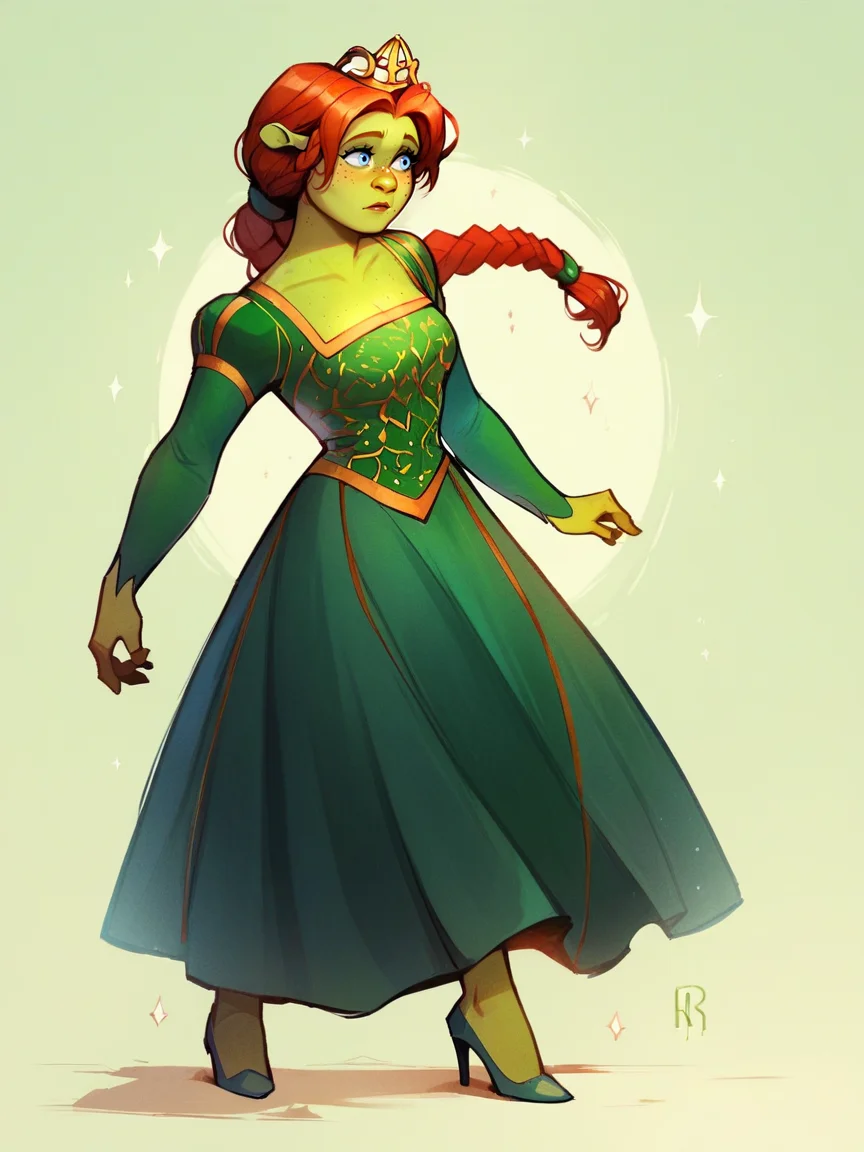 score_9, score_8_up, score_7_up, score_6_up, score_5_up, <lora:FionaXLP:1> fiona, 1girl, red hair, braid, green dress, blue eyes, crown, full body, ogre, green skin, freckles, high heels,