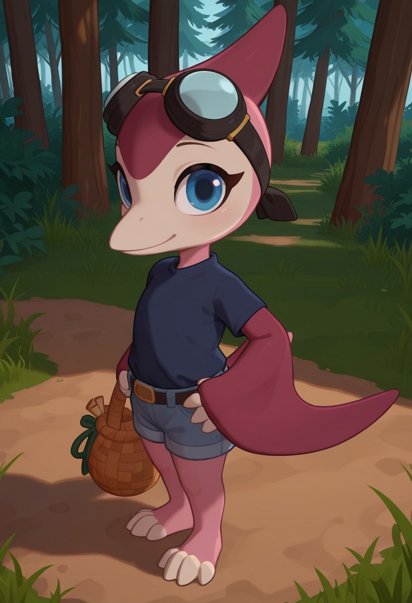1girl, highres, absurdres, newest, masterpiece, best quality, furry, small tail, claws, maple, female, pteranodon, violet skin, blue eyes, winged arms, 3 fingers, 4 toes, aviation glasses, denim shorts, dark blue T-shirt, wicker basket, standing,  detailed eyes, professional lighting,  solo,  seductive, looking_at_viewer,  masterpiece, close up, explicit, morning, forest, hands over a letter