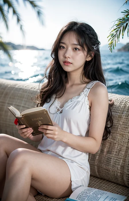 cinematic photo break. white wavy long hair,
A wonderful life, a relaxed atmosphere,Aegean Sea,sunny,a girl in love,reading books,pajama,smile,
<lora:Better_Pose:1> <lora:fluxenhancer:1> <lora:sparklycism:1>, <lora:Tangbohu_real_style_FLUX_type_A:1>, 35mm photograph, film, (bokeh:1.3), professional, 4k, highly detailed