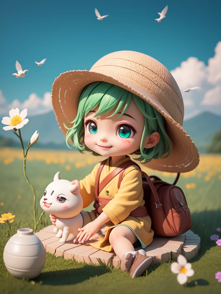 (masterpiece),(best quality),(ultra-detailed), (full body:1.2), 1boy,chibi, smile,(beautiful detailed face), (beautiful detailed eyes), (Simple and clean style_1.5), Rainy day, a small Asian boy with a straw hat, sitting on the back of a buffalo, in a wide field with green grass, colorful flowers, willow trees, swallows flying through the air, vague green hills in the distance, villages, the overall color is fresh and light, cartoon style, Chinese style, 3d effect, happy and relaxed atmosphere. <lora:blindbox_V1Mix:1> , vivid color