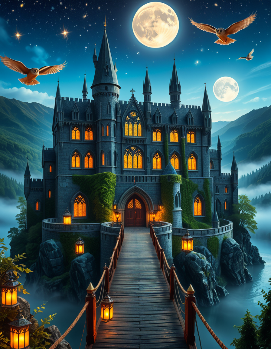 A majestic, ancient castle perched on a rocky hill, serving as a prestigious school for young wizards. The castle is a grand structure with towering spires, intricate gothic architecture, and large stained-glass windows that glow with magical energy. The stone walls are covered in ivy, and enchanted lanterns float around the entrance, casting a soft, mystical glow. A massive wooden bridge leads to the main gate, suspended over a misty, enchanted lake that reflects the moonlight. In the background, rolling green hills and dense, fog-covered forests surround the school, adding an air of mystery. The sky is a deep twilight blue, with stars twinkling and a full moon shining brightly. Some windows in the castle emit warm, golden light, hinting at classrooms filled with spellbooks and students practicing magic. A few owls are seen soaring above, delivering messages. The atmosphere is magical, mysterious, and full of wonder, as if the castle itself is alive with enchantments.
<lora:SDXLFaeTastic2400:0.4> <lora:extremely_detailed:0.4> extremely detailed, <lora:ancient_c4stl3:1>,ancient c4stl3, Masterpiece,best quality,hi res,8k,hi res,8k,award winning,(sharp focus, intricate, highly detailed),