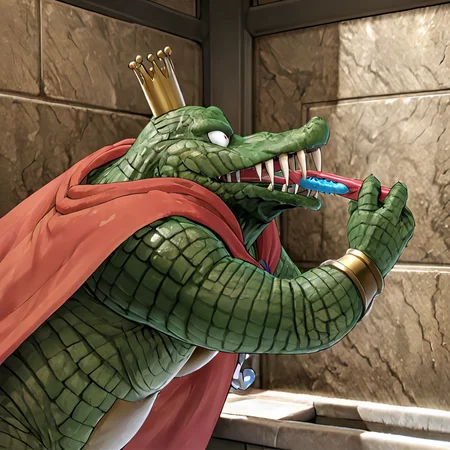 kingkroolXL brushing teeth, <lora:King_K_Rool_XL:.8>, red cape, bathroom, toothbrush, closeup,
, (anime, masterpiece, intricate:1.3), (best quality, hires textures, high detail:1.2), (4k),(incredibly detailed:1.4),UHD, 8K, ultra detailed