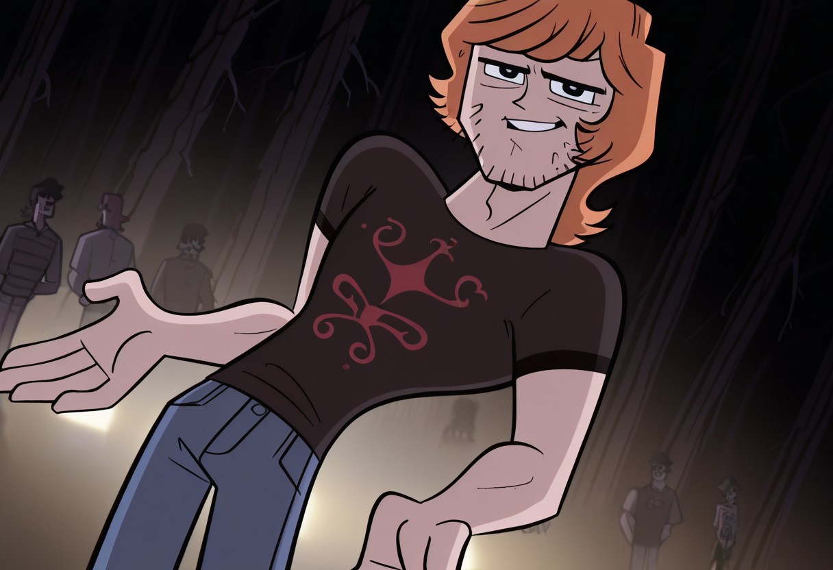 Cartoon source, official art, High Quality, toon, Black LineArt, break
Brandon, 1boy, alone, black eyes, orange hair, facial face, sideburns, black eyebrows, happy look, looking at viewer, shirt, blue pants, broad chest, narrow waist, athletic body, party, dynamic view, dynamic pose, dynamic angle,
