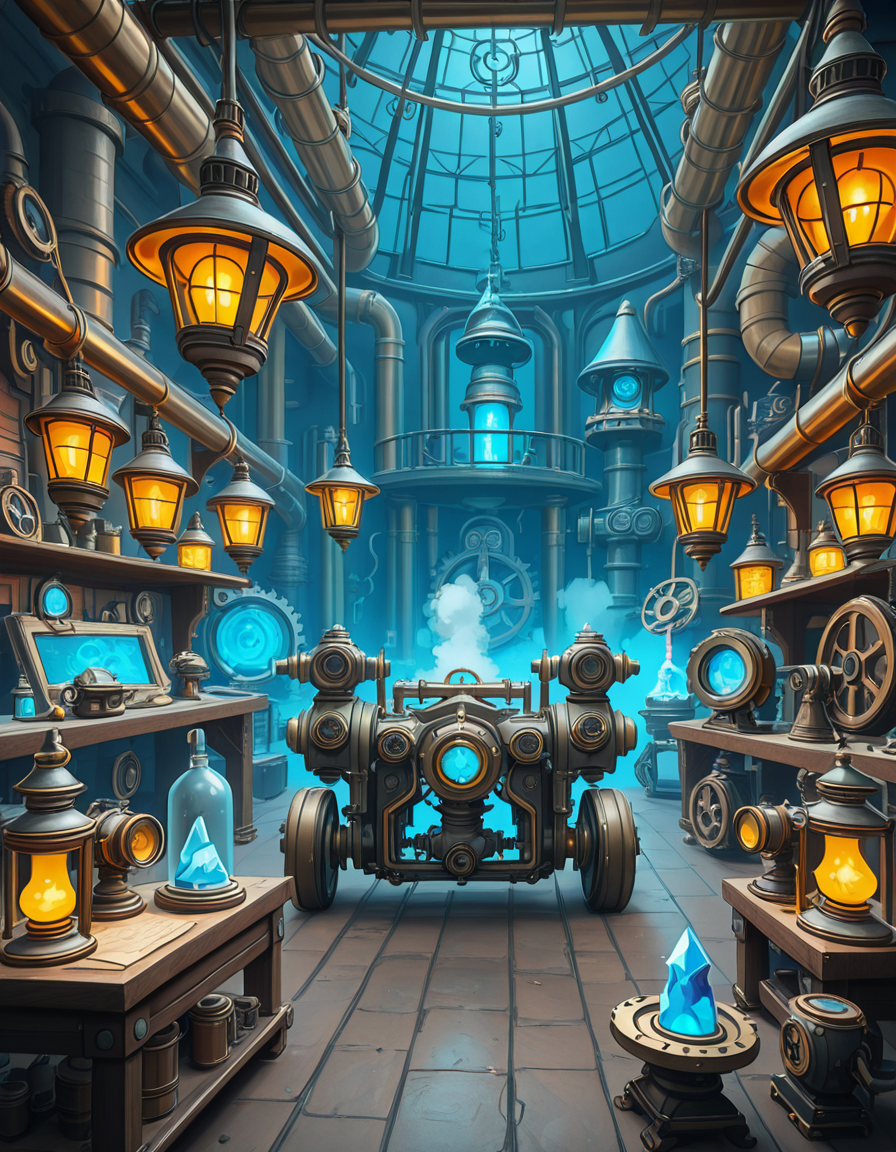 A highly detailed and immersive gnome workshop inspired by World of Warcraft, filled with intricate mechanical devices, glowing gadgets, and arcane-infused machinery. The workshop is cluttered with blueprints, gears, and steam-powered contraptions, creating a vibrant steampunk-fantasy aesthetic. The lighting comes from flickering arcane lamps, neon-colored tubes, and softly glowing mana crystals, casting a warm yet mysterious ambiance. In the background, large brass pipes, rotating cogs, and suspended platforms form a complex, multi-layered workspace. A large workbench at the center is covered with half-finished inventions, from tiny clockwork creatures to experimental energy weapons. The walls are adorned with schematics, tool racks, and magical energy conduits. The atmosphere feels lively, as if gnome engineers have just stepped away from their latest tinkering project, leaving sparks flying and steam hissing from unfinished experiments. The color palette is a mix of vibrant blues, greens, and metallic hues, enhancing the high-tech yet whimsical charm of gnomish engineering.<lora:SDXLFaeTastic2400:0.4> <lora:extremely_detailed:0.4> extremely detailed,gnome w0rksh0p <lora:gnome_w0rksh0p-i:1>, Masterpiece,best quality,hi res,8k,hi res,8k,award winning,(sharp focus, intricate, highly detailed),