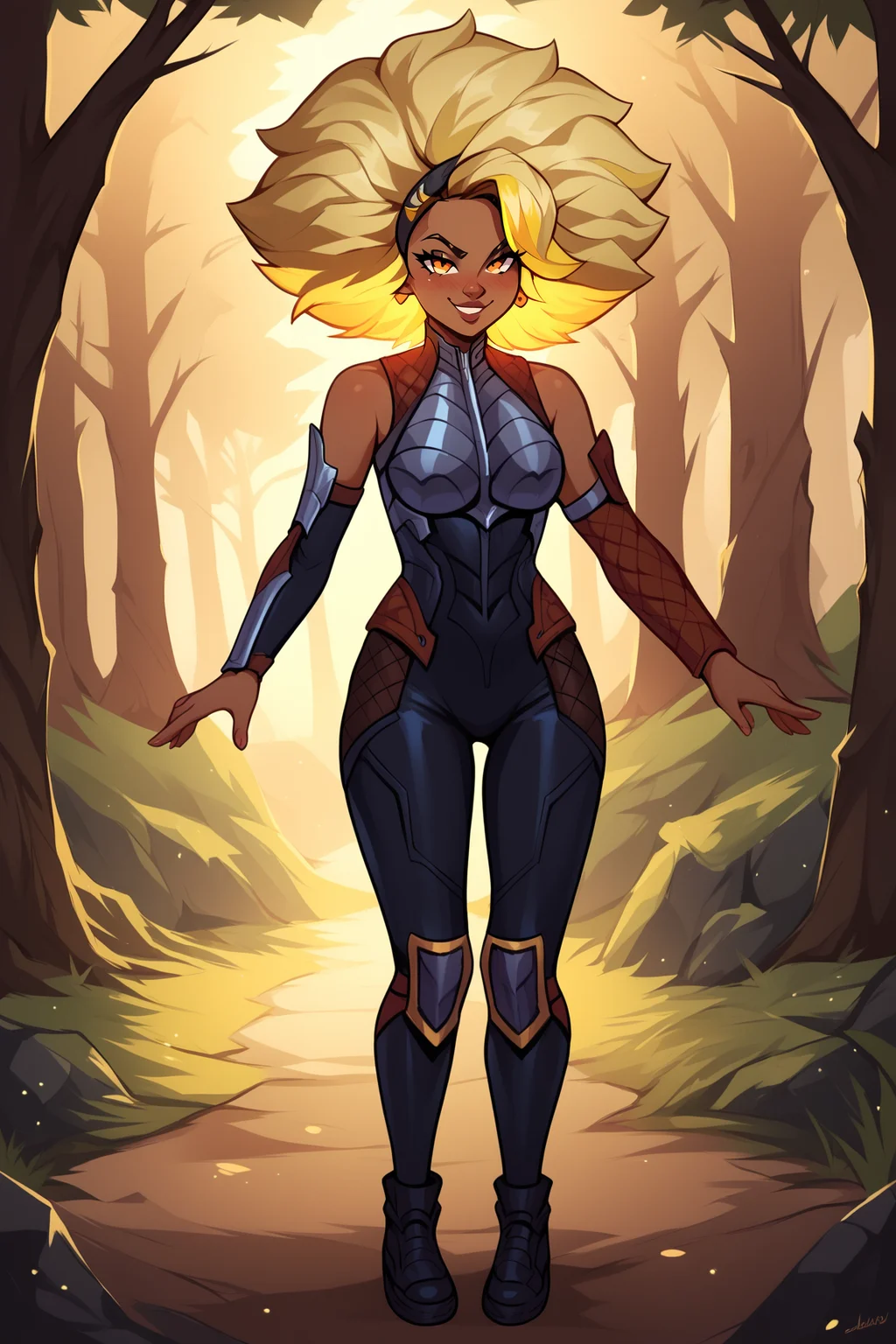 score_9, score_8_up, score_7_up, score_6_up, BREAK, RellLoLXL, dark skin, colored skin, orange eyes, blonde hair, yellow hair, afro, big hair, two-tone hair, medium breasts, armor, black bodysuit, detached sleeves, black elbow gloves, black pants, black shoes, solo, full body, standing, seductive smile, looking at viewer, naughty face, nose blush, forest <lora:RellLoLXL:1>