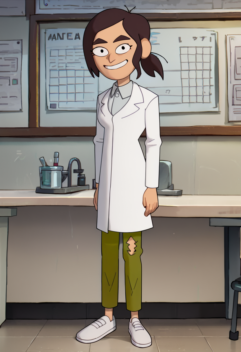 <lora:ReaganInsideJobPony1.0:1>reaganij, 1girl, short ponytail, solo, brown hair, labcoat, grey shirt, smile, indoors, thick eyebrows,white footwear, green pants,  looking at viewer,, score_9, score_8_up, score_7_up, score_6_up, score_5_up, score_4_up