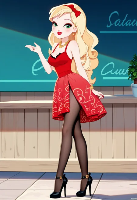 score_9, score_8_up, score_7_up, score_6_up, score_5_up, best high quality, high res, human, equestria girls, g4, cute, female, large butt, presenting, sexy, solo, solo female, 
OverallDetail, masterpiece, best quality, score_9, score_8_up, looking at partner, lidded eyes, solo, 1girl, adult woman, 20 years old, 
easynegative,  applewhite, blonde hair, lipstick, red lips, red dress, side slit, cleavage, sleeveless, black pantyhose,  
five fingers, close-up, female, show accurate, breasts, cute, blush, masterpiece, best quality, source_cartoon, thin, tall, makeup, full body visible, 
wide hips, indoors, detailed, beautiful, anatomically correct, blushing, breasts, big breasts, blushing, cleavage,  
side view, night time, outdoors, irl, realistic style, disney style,