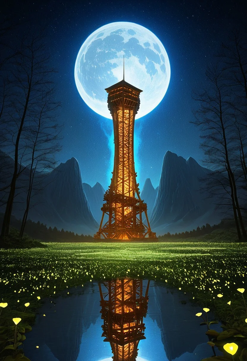 <lora:wooden_lookout_tower:1> , The central focus is an immense, towering wooden_lookout_tower kilato. (masterpiece:1.5), 64k, best quality, ultra-detailed, (high res), (cinematic lighting, beautiful lighting, high quality, studio quality, detailed, insanely detailed, extreme detail, refined detail, perfect detail, max detail, smooth lighting, detailed background, hyper detailed body, beautiful lighting, vibrant lighting, global luminescence, absurdres, high-res, (dynamic lighting, dynamic luminescence, spectral lighting, spectral luminescence, Volumetric Lighting, a beautiful valley full of ethereal night flowers, a tall cylindrical vertical mountain in the center of the valley enormous carved Stone snake coiled around the vertical mountain, a magical waterfall in the background, intricate, realistic, photographic, photorealistic, night, starry skies, huge full moon, fantasy, ancient world, forgotten land, ethereal tree, reflection, surface reflection, Abstract Lighting Effects, Cinematic style, realism, cinematic quality, ethereal night flowers everywhere that radiate an ominous luminescence, signifying a magical bond between the flora and sinister magic, faintly glowing flowers), ((no humans, no people)), Sci-fi Environments