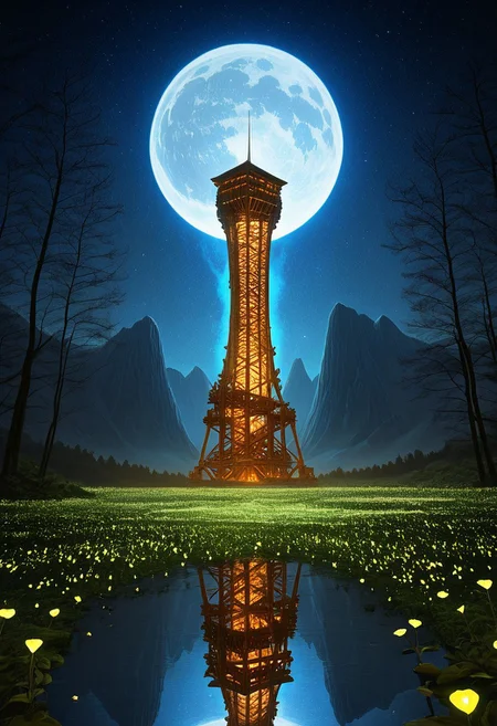 <lora:wooden_lookout_tower:1> , The central focus is an immense, towering wooden_lookout_tower kilato. (masterpiece:1.5), 64k, best quality, ultra-detailed, (high res), (cinematic lighting, beautiful lighting, high quality, studio quality, detailed, insanely detailed, extreme detail, refined detail, perfect detail, max detail, smooth lighting, detailed background, hyper detailed body, beautiful lighting, vibrant lighting, global luminescence, absurdres, high-res, (dynamic lighting, dynamic luminescence, spectral lighting, spectral luminescence, Volumetric Lighting, a beautiful valley full of ethereal night flowers, a tall cylindrical vertical mountain in the center of the valley enormous carved Stone snake coiled around the vertical mountain, a magical waterfall in the background, intricate, realistic, photographic, photorealistic, night, starry skies, huge full moon, fantasy, ancient world, forgotten land, ethereal tree, reflection, surface reflection, Abstract Lighting Effects, Cinematic style, realism, cinematic quality, ethereal night flowers everywhere that radiate an ominous luminescence, signifying a magical bond between the flora and sinister magic, faintly glowing flowers), ((no humans, no people)), Sci-fi Environments