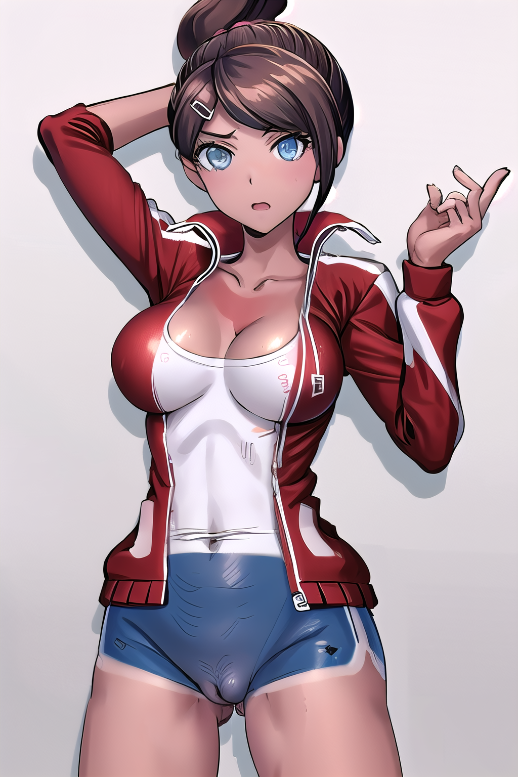 masterpiece, best quality, ultra-high-detailed, 1girl, painted clothes, bodypaint, pussy,  asahina aoi, tan, hairclip, red jacket, cleavage, white tank top, short shorts,