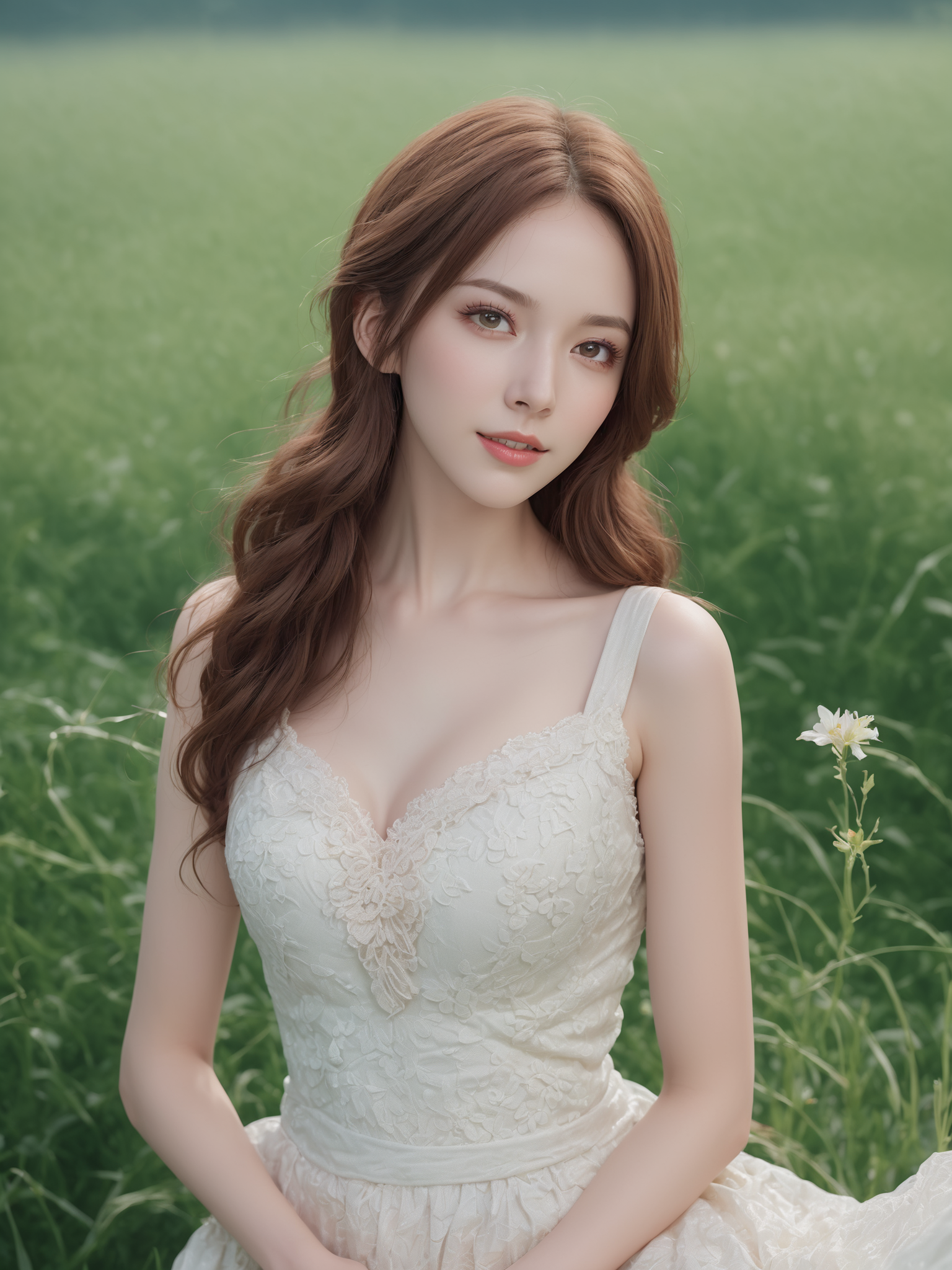 1girl, (dream portrait of magical 20yo girl), long dress outfit,
standing on the grass field,
dreamy and ethereal,
expressive pose,
smile expression,
intricate, elegant, highly detailed, sharp focus,
(enchanting),
( fantasy art),
(slender body:1.6),
,supermodel facing the viewer,
, fantasy Fashion,
(perfectly sculpted facial features),
(downturned eyes shape),
(half-moon eyeliner),
(pale fair skin:1.6 ),
(large breasts),
(extremely detailed Stacked Curls hair ),
(extremely detailed natural skin texture:1.8),
(precise and lifelike),(hyper realistic lifelike texture:1.8),
( stunning realistic photograph:1.8),
(Film grain),
(slim legs),
leica i,hasselblad,
(cover illustration:1.3),
(perfect hand),(large breasts),
(fujifilm reala 100:1.5) <lora:AIGirlXL_V1:0.75>