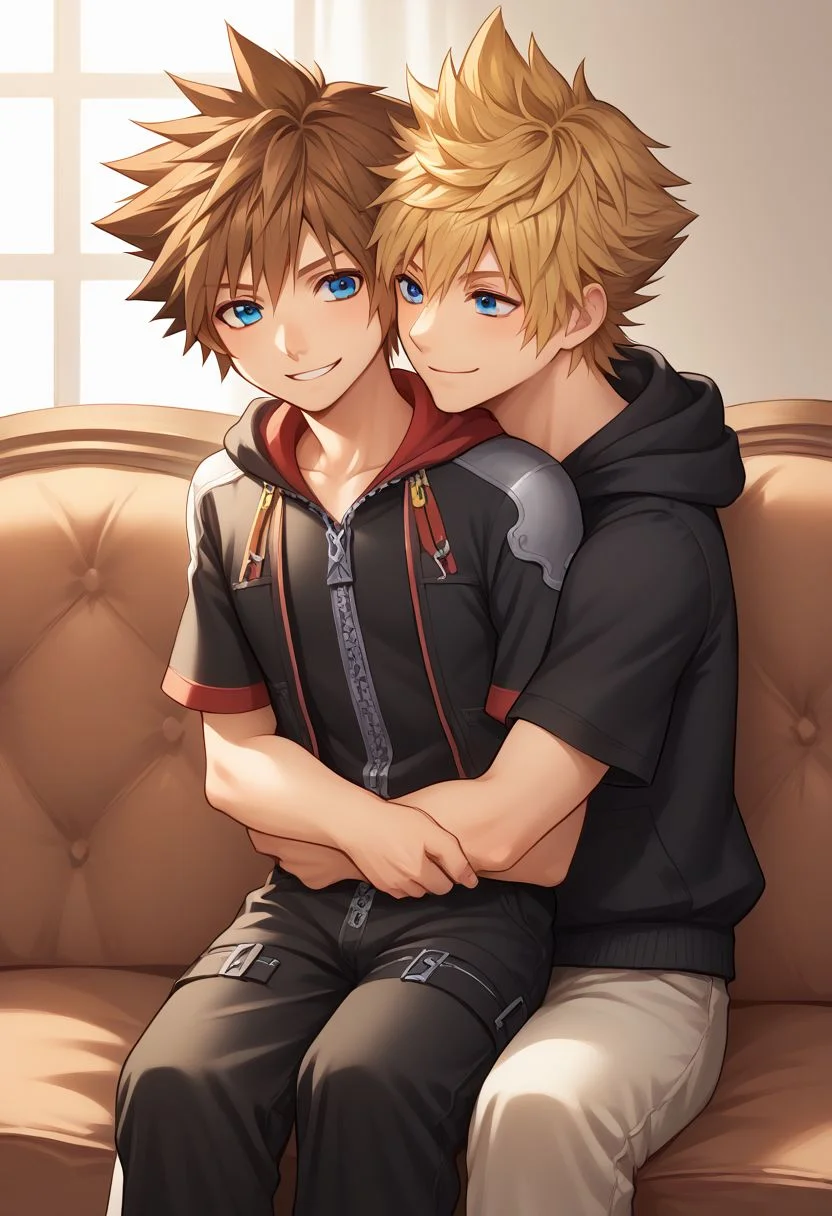 score_9, score_8_up, source_anime, highly detailed, 2boys,
sora, spiked hair, male focus, 1boy, brown hair, blue eyes, zipper, hoodie, BREAK
roxas, 1boy, zipper, male focus, spiked hair, blue eyes, blonde hair, pants, short sleeves, zipper pull tab,
indoor, sofa, medieval, on lap, hug, smile,