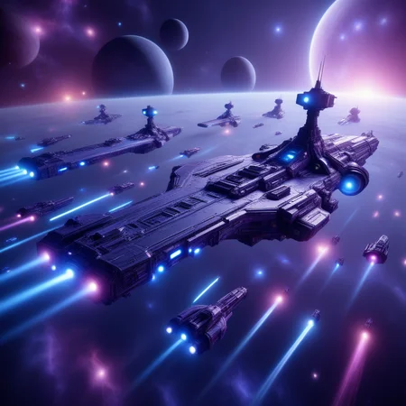 dominating the center of the image., depicting a massive, with a stunning gradient of purples and blues fading into the cosmos. The central spacecraft, CGI-rendered depiction of a futuristic, sci-fi scene set in space. The image features a dramatic, This is a CGI illustration depicting a futuristic, star-studded background with a prominent, likely of alien origin, featuring multiple levels, pointed nose and multiple glowing blue propulsion trails behind it