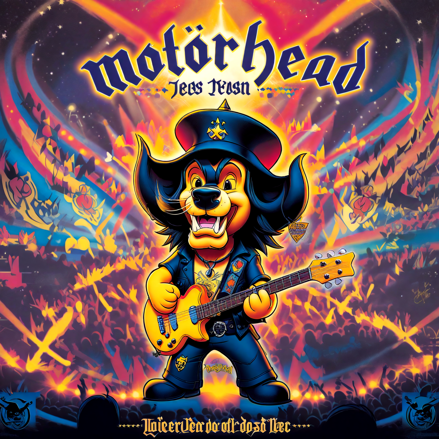 Disney animation style (winnie poo:1.2) as lemmy from motörhead, playing guitar on a rock concert, motörhead_cover, record cover, ,,. Bright colors, fluid motion, charming characters, wholesome storytelling, hand-drawn animation