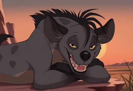 8k, uncensored, masterpiece, best quality, highly detailed, realistic, 1girl, solo, ShenziTLK, furry, feral, hyena, black hair, short hair, back mane, dark-grey inner ear fluff, yellow sclera, black eyes, black nose, dark-grey body, dark-grey fur, dark-brown body, dark-brown fur, two tone body, two tone fur, dark-grey spots, short tail, black tail, smile, open mouth, sharp teeth, tongue, (looking at viewer, africa, sunset, grass, front view, detailed background, upper body, narrowed eyes, lying, on stomach, arms crossed, cliff edge