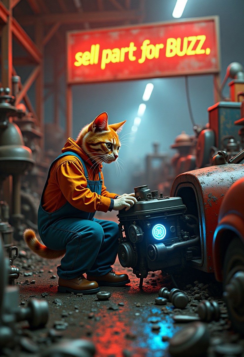 a realistic picture of a junkyard,The neon signs glow warmly in far away reads "sell part for BUZZ, ", creating a nostalgic atmosphere (dynamic lighting:1,0) so many old cars A lone orange cat wearing mechanic outfit, with boots,  scavenger sits in a cluttered junkyard, surrounded by heaps of mechanical debris, carefully repairing a car. His hands, calloused and scarred, manipulate the delicate engine which glow faintly blue as he makes adjustments. The scene is bathed in warm, coveralls, , , dirty, intense, focused, industrial complex, junkyard, broken cars, mechanic workbench, wrenches, tools, broken cars, engines, grease, oil, highly detailed, intricate rusty tones,  Gears, rusted pipes, and half-finished machines litter the background, giving the scene a rich, industrial feel.