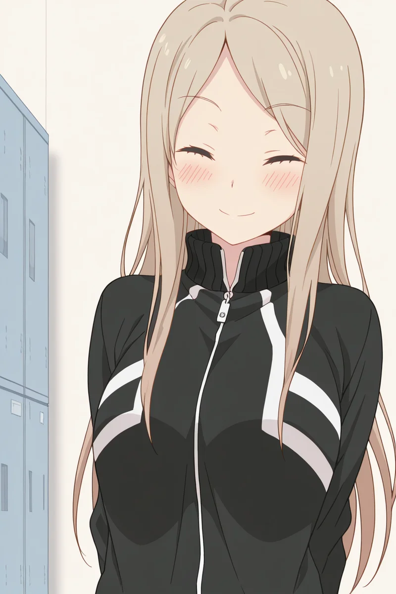 masterpiece, best quality, amazing quality,
<lora:Kotone_IL:1> kotone, 1girl, solo, long hair, closed eyes, smile, blush, jacket, track jacket, brown hair