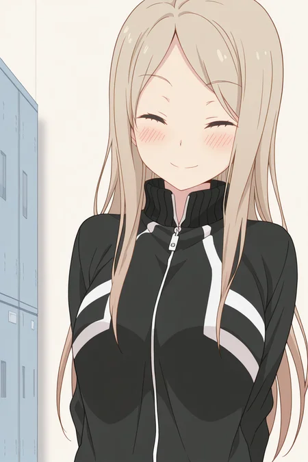 masterpiece, best quality, amazing quality,
 <lora:Kotone_IL:1> kotone, 1girl, solo, long hair, closed eyes, smile, blush, jacket, track jacket, brown hair