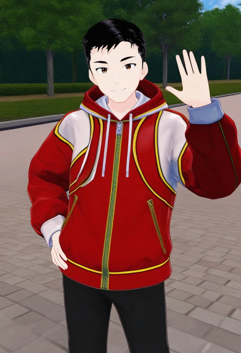 harmard, black hair, short hair, brown eyes, 1boy, solo, solo focus, red_white_jacket, black pants, young man, youthful, outdoor setting, right hand waving gesture, left hand leans on hip, young, youthful