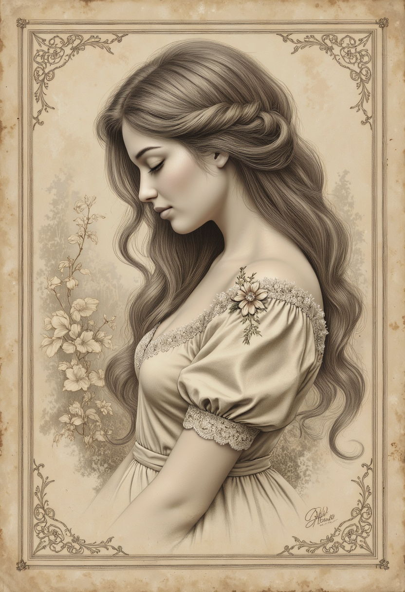 A light graphite pencil sketch of a young woman in profile, softly detailed, her eyes closed and expression serene. Her long, flowing hair is gently outlined with loose, fine strokes, blending into a pale, textured background. She wears a vintage dress with puffed sleeves and delicate lace trim, rendered in faint tonal shading. A single embroidered flower is stitched into the shoulder lace. The image is bordered by a thin, delicate etched border, lightly aged. Behind her, there are faint outlines of ghosted vines in the background, like a faded memory. The entire image has a light, ethereal quality, like a forgotten storybook page. The artwork is done in the style of a traditional pencil illustration with a minimal sepia wash, on aged cream paper. <lora:illustration20FLUX20.XsbF:0.5000000000000001> <lora:SkoolDaze_Portrait_Style-000014:0.8000000000000002> <lora:Charcoal_V2:0.5500000000000002> <lora:Art_In_Pencil:0.5500000000000002>