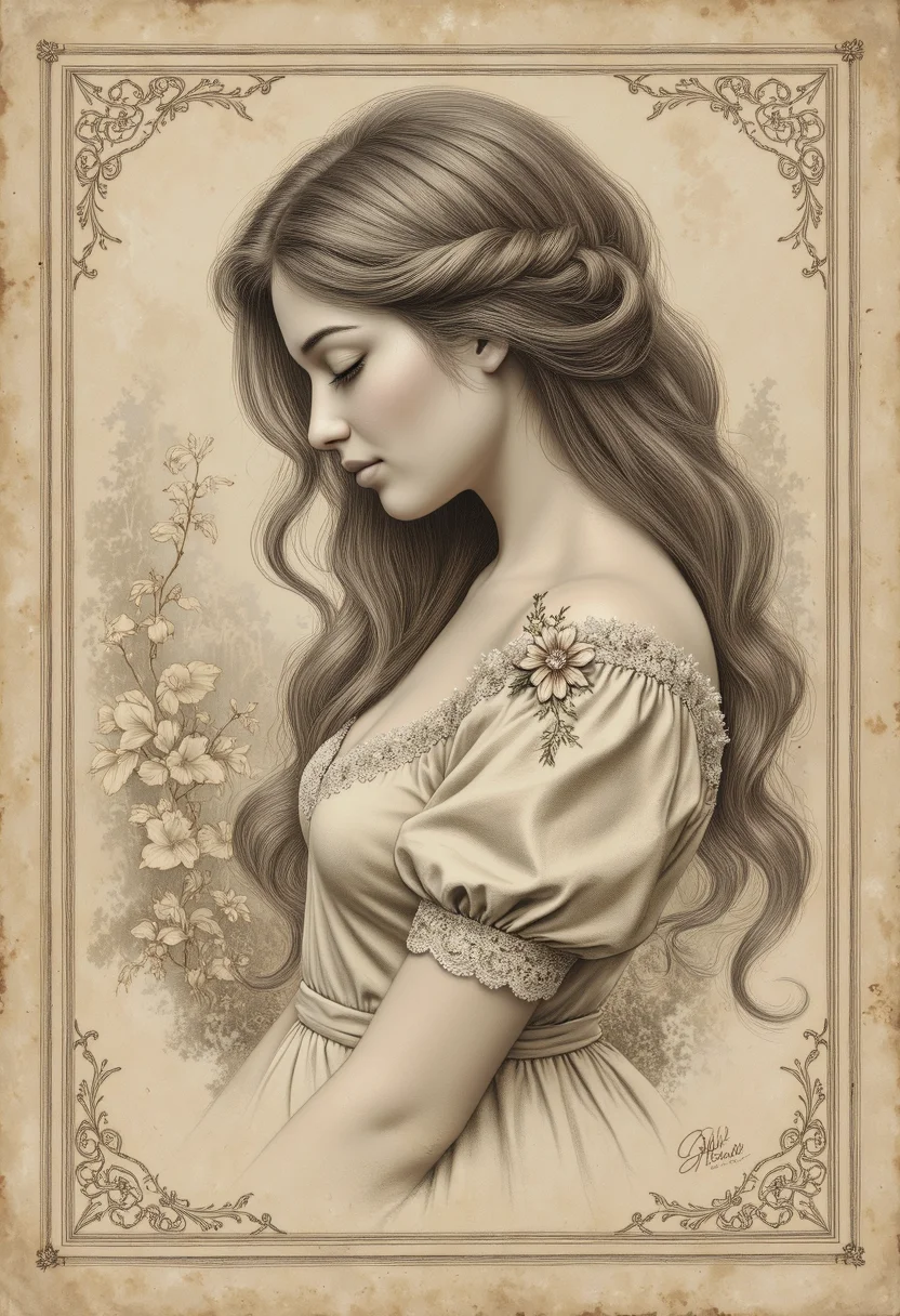 A light graphite pencil sketch of a young woman in profile, softly detailed, her eyes closed and expression serene. Her long, flowing hair is gently outlined with loose, fine strokes, blending into a pale, textured background. She wears a vintage dress with puffed sleeves and delicate lace trim, rendered in faint tonal shading. A single embroidered flower is stitched into the shoulder lace. The image is bordered by a thin, delicate etched border, lightly aged. Behind her, there are faint outlines of ghosted vines in the background, like a faded memory. The entire image has a light, ethereal quality, like a forgotten storybook page. The artwork is done in the style of a traditional pencil illustration with a minimal sepia wash, on aged cream paper. <lora:illustration20FLUX20.XsbF:0.5000000000000001> <lora:SkoolDaze_Portrait_Style-000014:0.8000000000000002> <lora:Charcoal_V2:0.5500000000000002> <lora:Art_In_Pencil:0.5500000000000002>