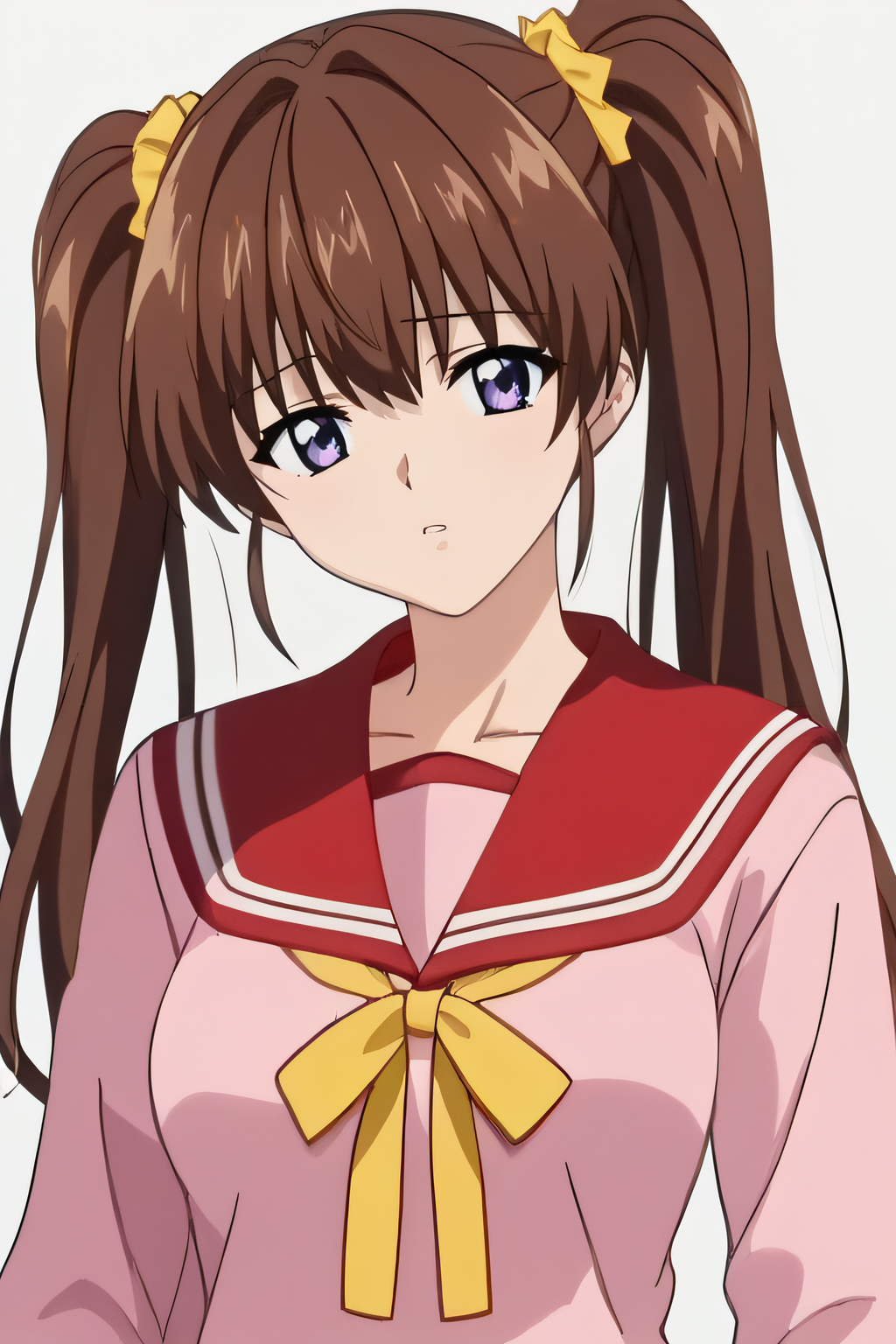 score_9, score_8_up, score_7_up, source_anime, rating_safe, intricate details, anime screencap, official style, 1girl, solo, <lora:Serizawa_Miki:1>, serizawamiki, purple eyes, brown hair, twintails, long hair, pink shirt, medium breasts, school uniform, long sleeves, red sailor collar, yellow ribbon, looking at viewer, upper body, sad expression, parted lips