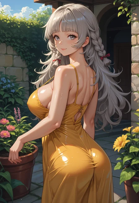 score_9,score_8_up,score_7_up,detailed,1girl,jelovovodef,oiled body,large breasts,garden,standing,grey hair,hair intakes,twin braids,blunt bangs,long hair,grey eyes,yellow sundress,looking back,seductive smile,<lora:Vittorio_Veneto-JeloXL-000009:1>,