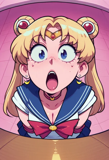 spd0ru, masterpiece, amazing quality, best quality, detailed eyes, detailed skin, aesthetic,Fisheye View,
sailor moon, blonde hair, blue eyes, open mouth, surprised, pink background