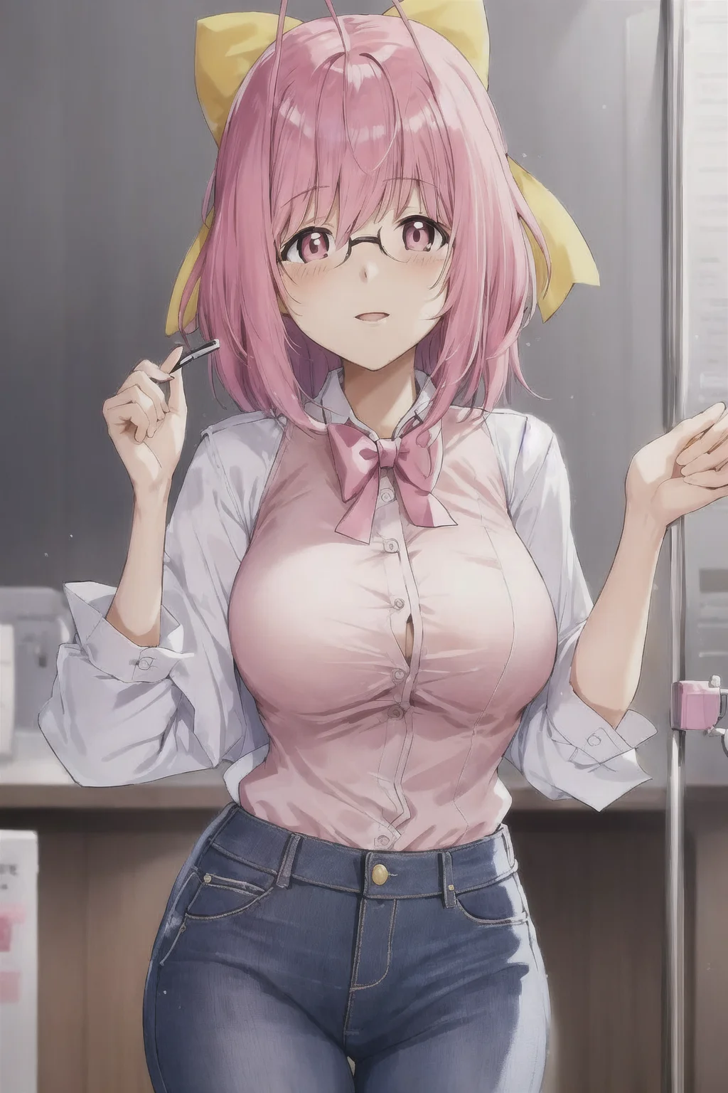 nakagawa kanon, white pupils, pink hair, hair ribbon, large breasts, office, office lady, glasses, jeans, white button shirt, sleeveless, 1girl, solo, <lora:Kanon V3:0.6>